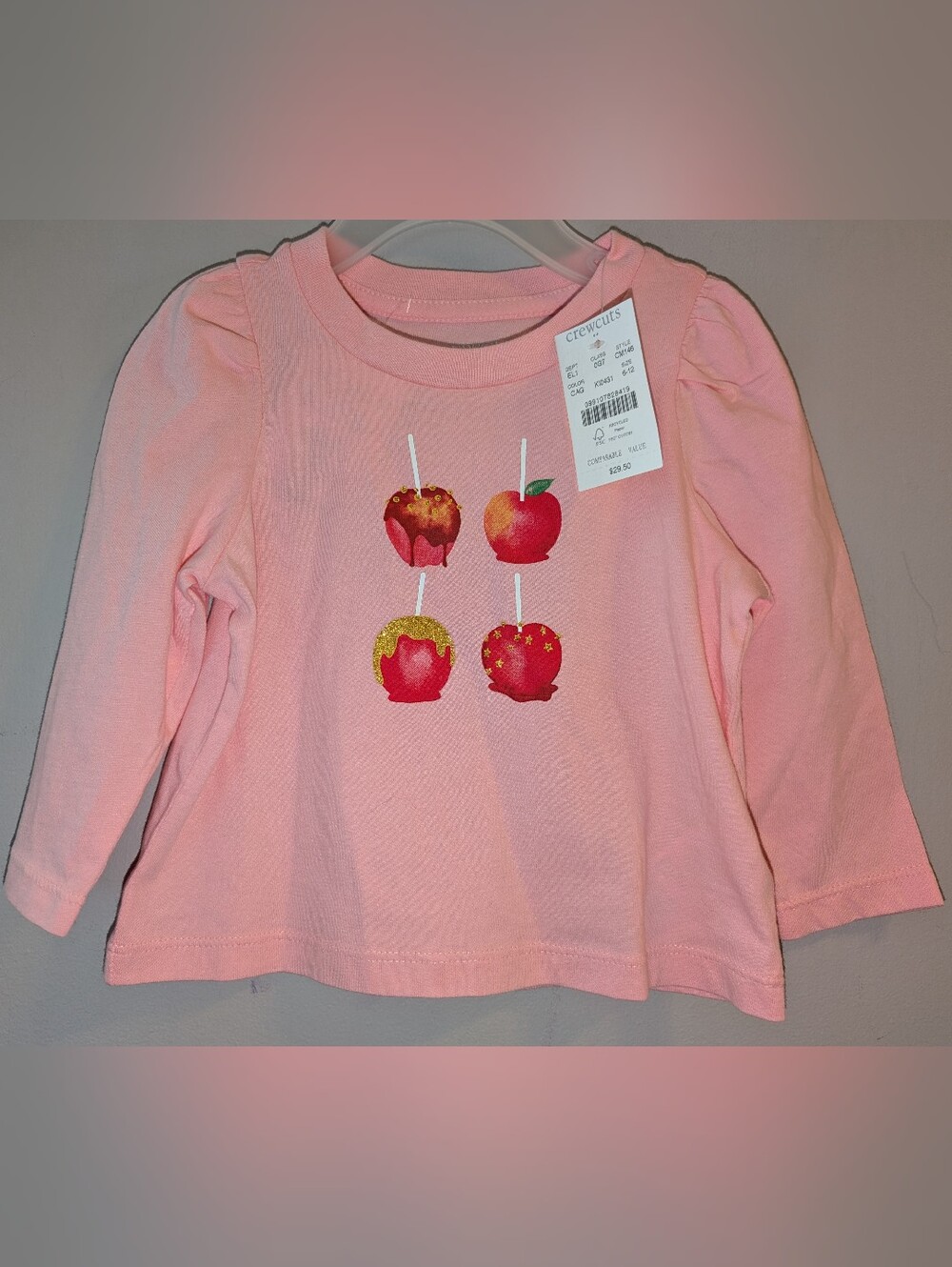 🆕 Crewcuts Pink Long-Sleeve Tee with Apple Candy Graphic Baby Girls 6-12 Months